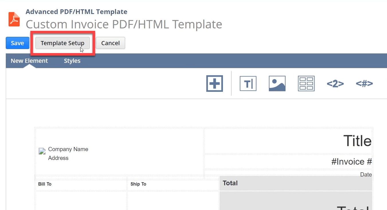 Custom Invoice PDF/HTML Template page with a Template Setup button highlighted.