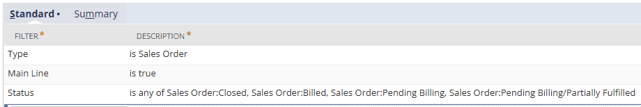 NetSuite standard filter description.
