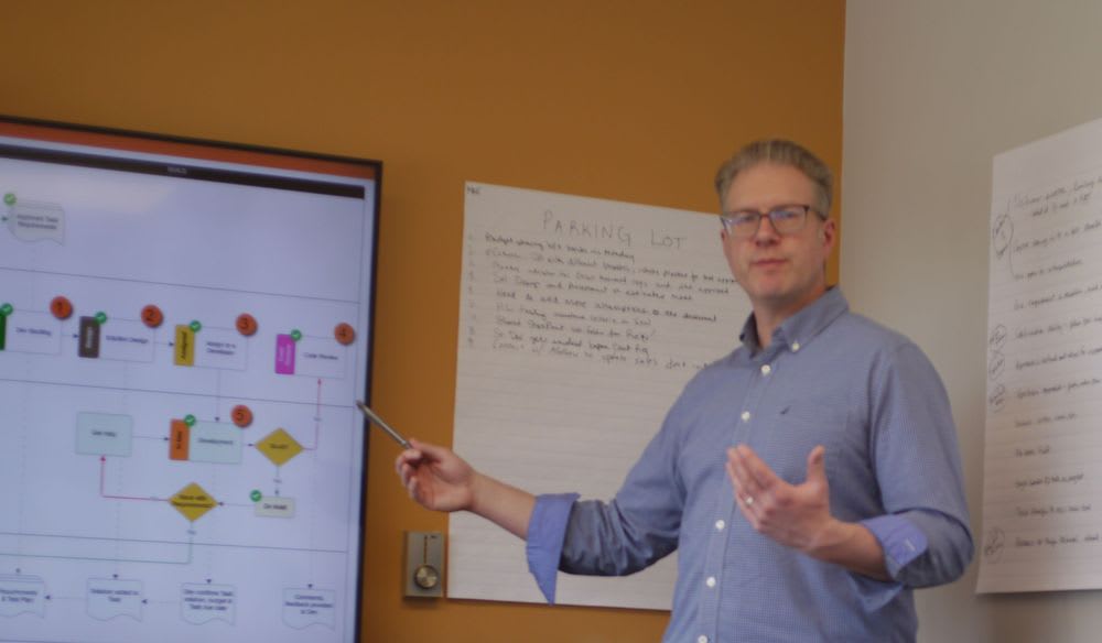 A man with glasses is positioned in front of a whiteboard, suggesting he is teaching and sharing ideas.