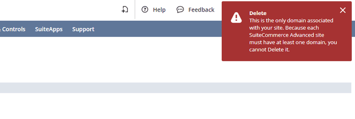 Cannot delete domain website setup record NetSuite popup message.