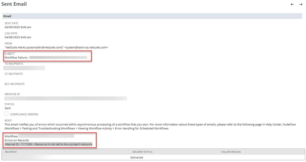 NetSuite email alert sent NetSuite system error.