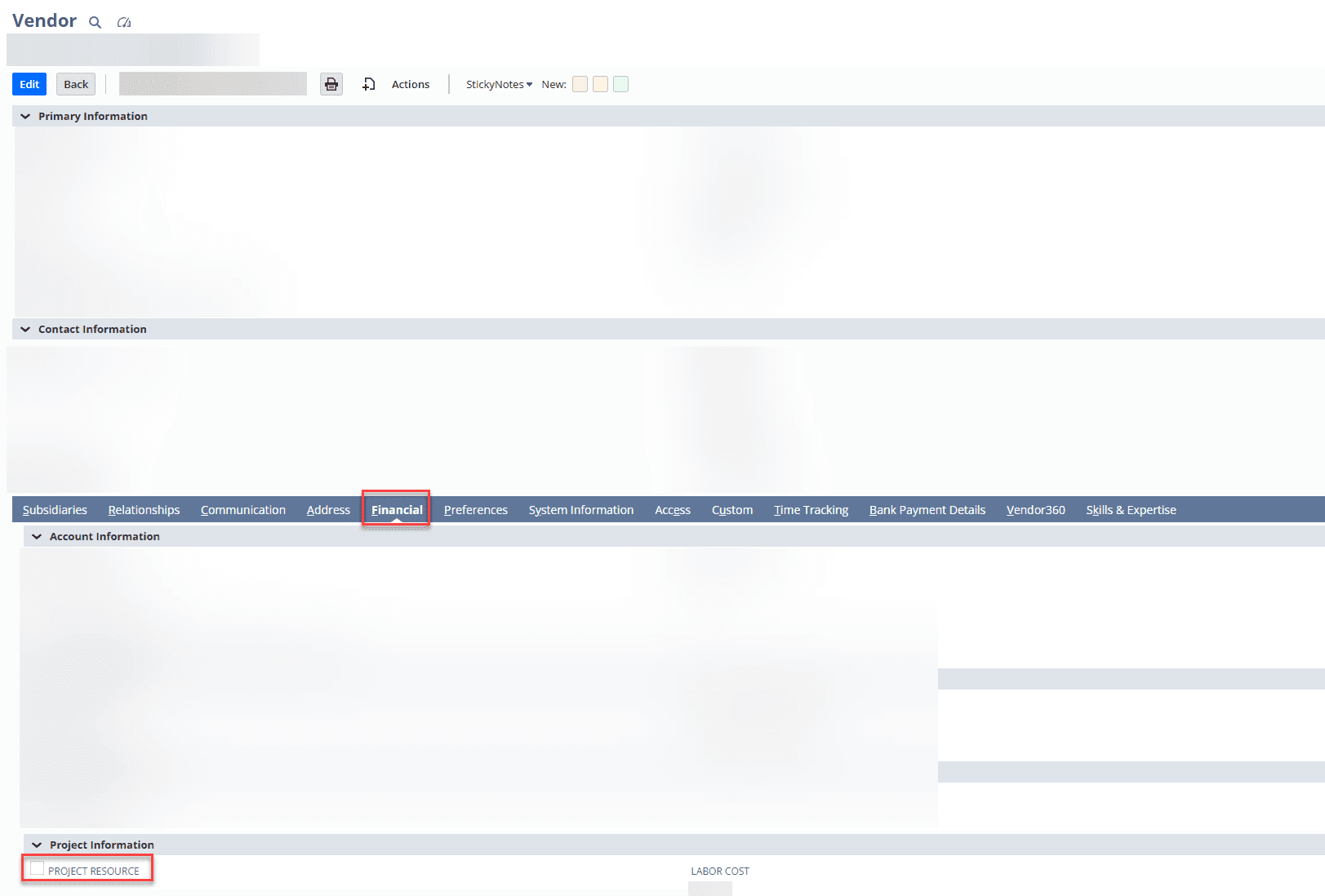 NetSuite vendor record project resource checkbox highlighted.