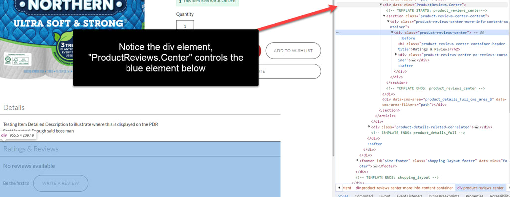 Div element product reviews from a center controls view.