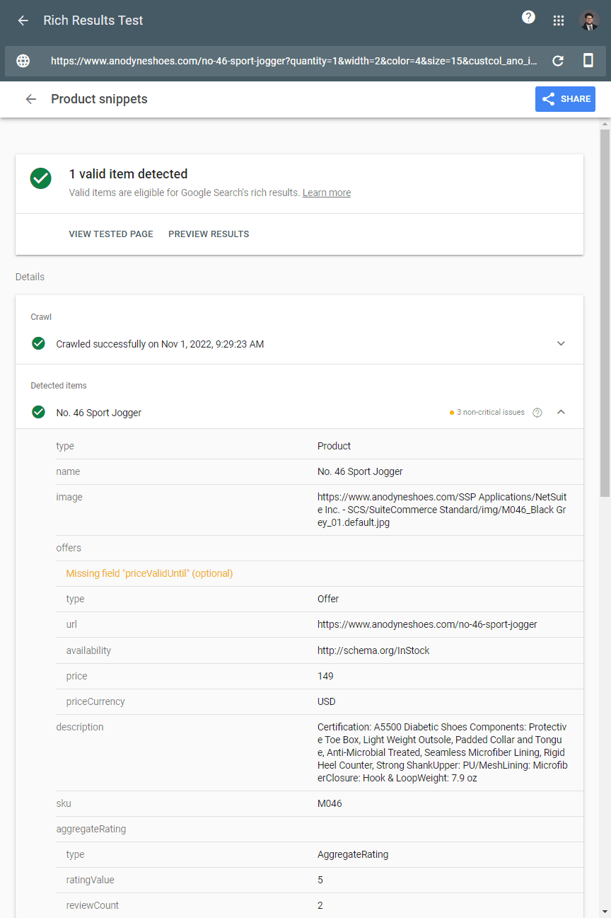 Screenshot of the rich results testing tool.
