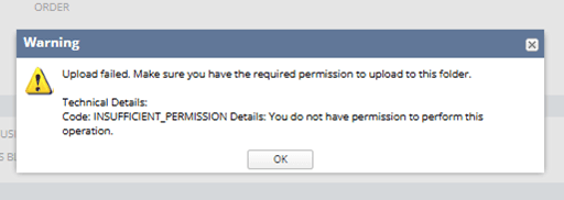 NetSuite warning message noting that the upload failed insufficient.