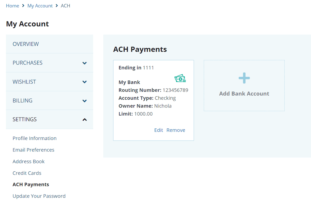 SuiteCommerce ACH payments page.