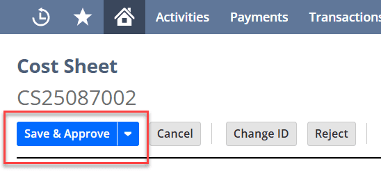 Cost Sheet page with the Save and Approve tab highlighted.