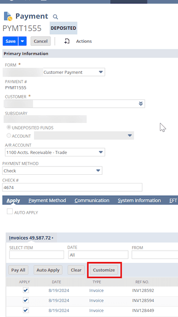 NetSuite payment page with the customize button highlighted.
