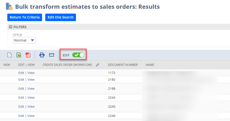NetSuite bulk transform estimates to sales order results page.