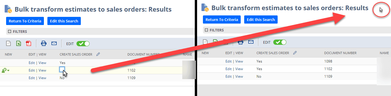 Check bulk transform estimates to sales orders with the results button indicated.