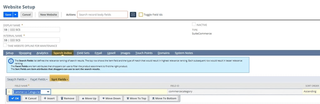 Website setup search index sort fields commerce categories.