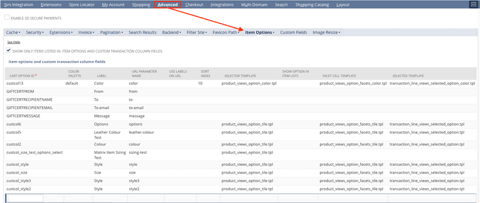 NetSuite advanced item options.