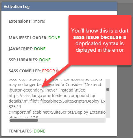 Dart SAAS error syntax with a red message of instructions.