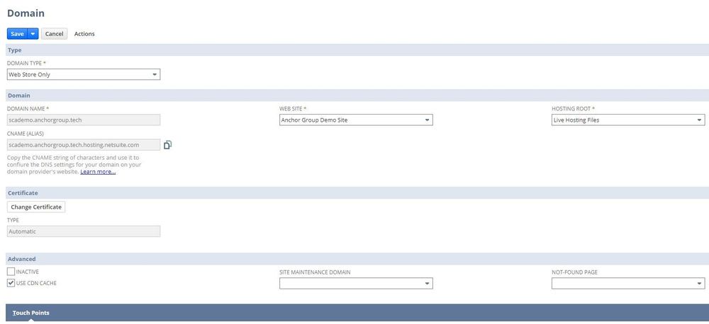 Domain screenshot page with details on how to setup.