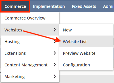 Commerce navigation from Websites to Website List tab.