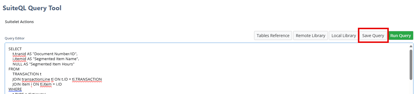 SuiteQL Query Tool page with Save Query button highlighted.