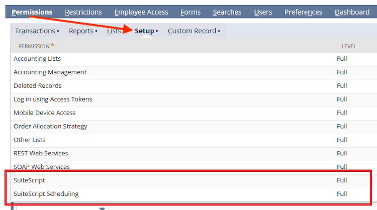 NetSuite permissions setup SuiteScript scheduling.