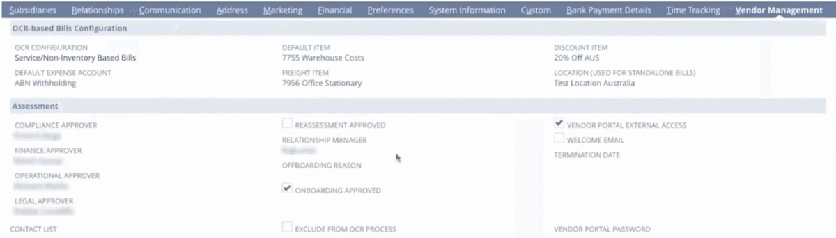 Vendor management standard onboarding page.