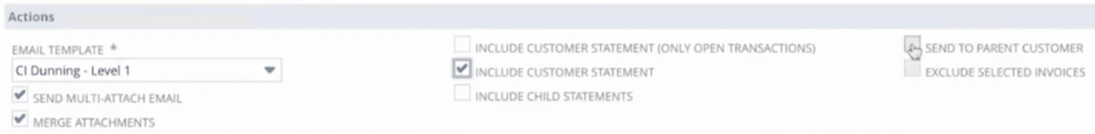 NetSuite bulk email dunning invoice actions.