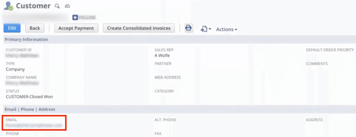 NetSuite customer email field highlighted.