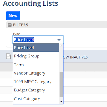NetSuite accounting lists price levels.