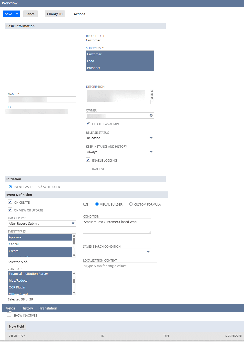 Initial NetSuite workflow definition setup on create view update.