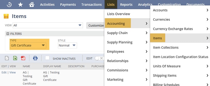 View NetSuite gift certificate.