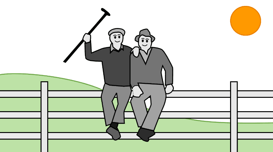 Two men sitting happily on a fence on a sunny day.