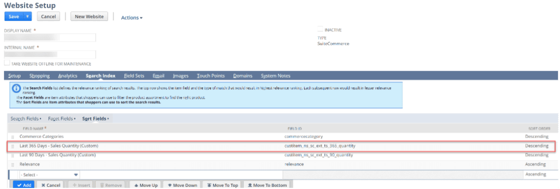 Website Setup page with several values highlighted.