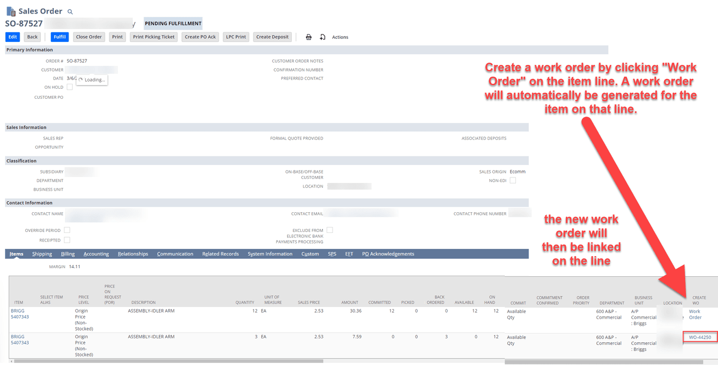 NetSuite work order creation from sales order.
