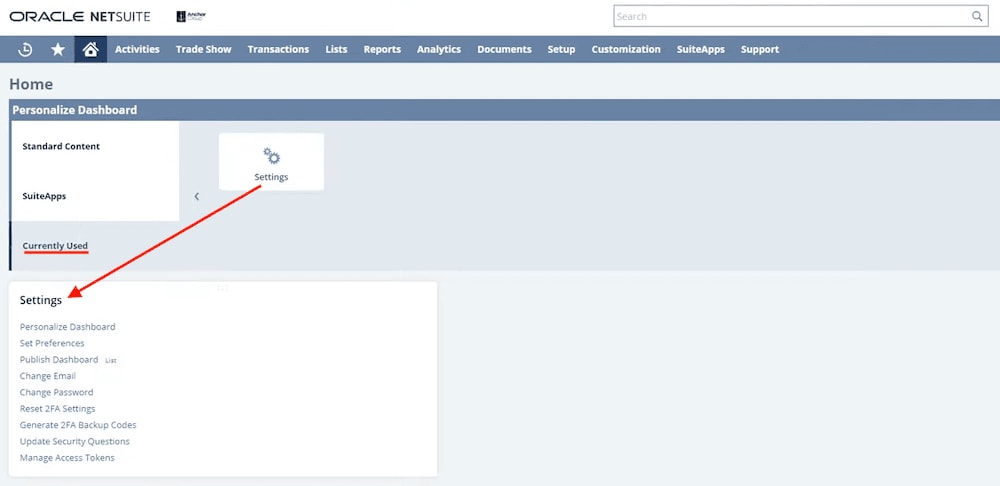 Personalize NetSuite dashboard currently used tab.