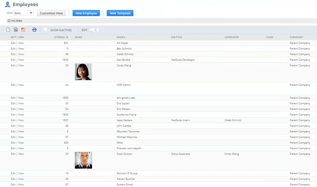 NetSuite employee list page.