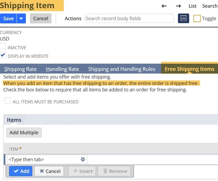 NetSuite shipping item free shipping items.