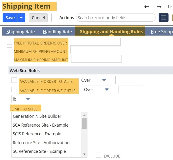 NetSuite shipping item handling rules.