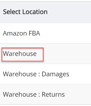 Select Location tab with Warehouse tab highlighted.