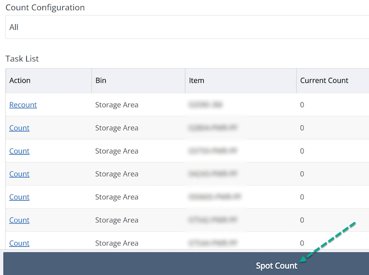 Count Configuration page with Spot Count column indicated.