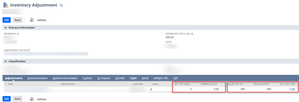 NetSuite inventory adjustment quantity on hand currently.