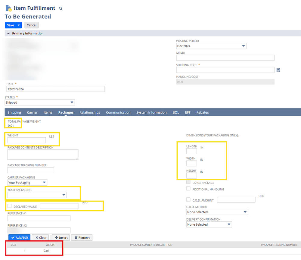 NetSuite item fulfillment to be generated packages.