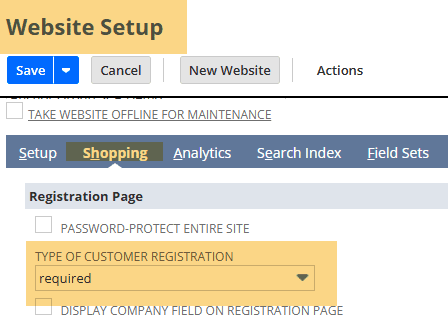 NetSuite website setup shopping type of customer registration.