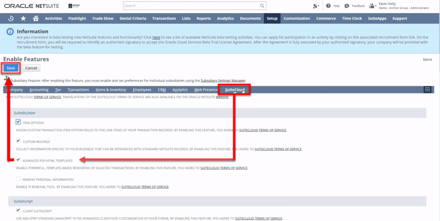 PDF checkbox on the Enable Features page.