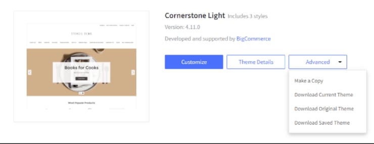 BigCommerce cornerstone light customize theme details advanced.