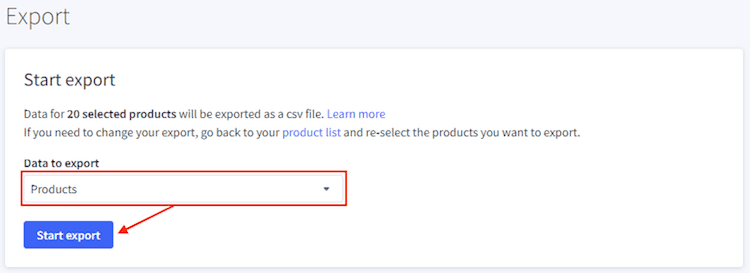 BigCommerce export data products start.