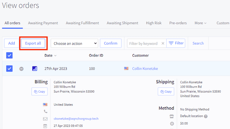 BigCommerce view orders export all button.