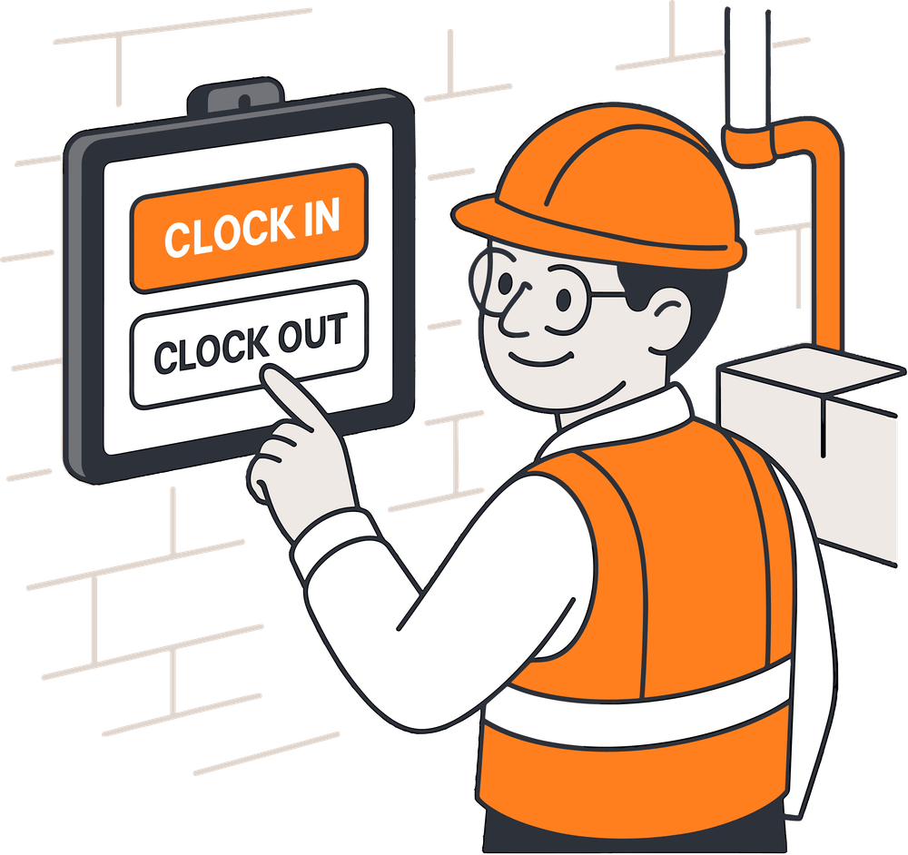 Hourly Employee Timeclock graphic man clocking out at warehouse