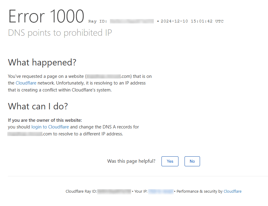 Claudflare with the message Claudflare error 1000 DNS points to prohibited IP.