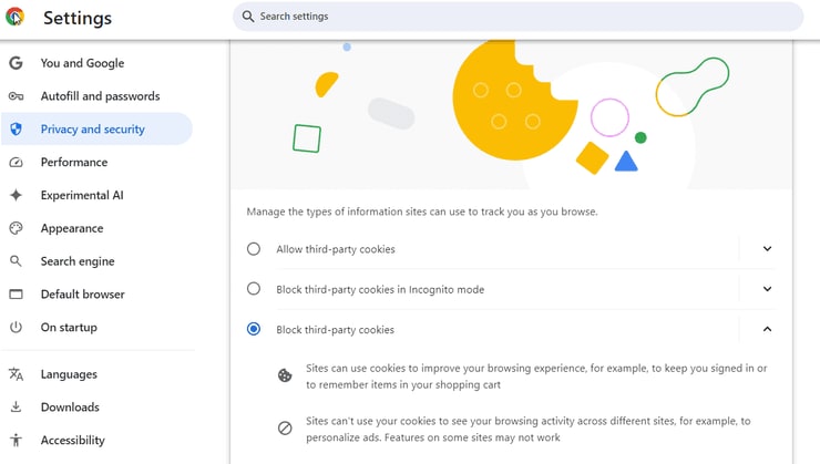 Chrome setting privacy and security.