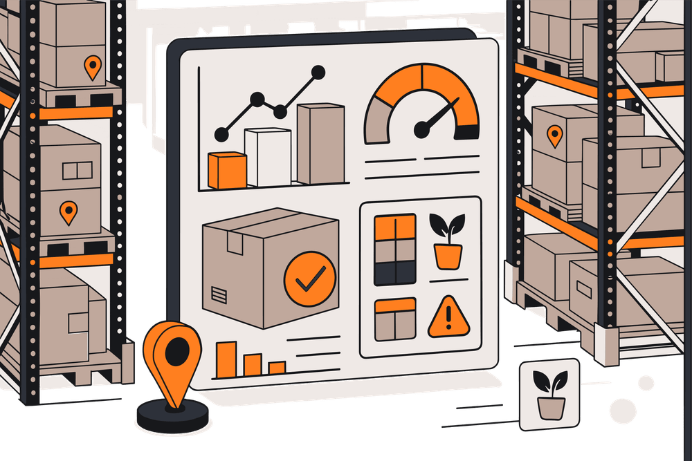 A warehouse filled with boxes, featuring a floating visualization representing the NetSuite Advanced Inventory module.