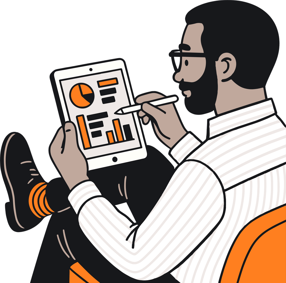 A man seated in an orange chair, using a tablet to access the NetSuite SuiteAnalytics module.