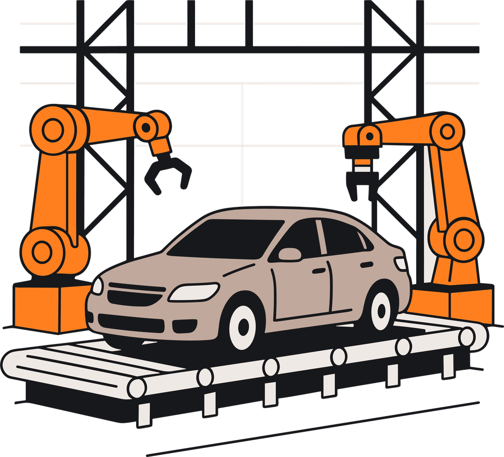 Illustration of automation within the automotive manufacturer sector, emphasizing and representing the NetSuite Advanced Manufacturing module's capabilities.