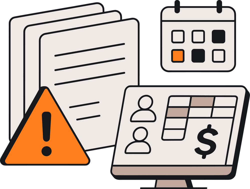 Image of a computer, calendar mockup, and a warning sign, illustrating NetSuite Dunning Letters for overdue payments.